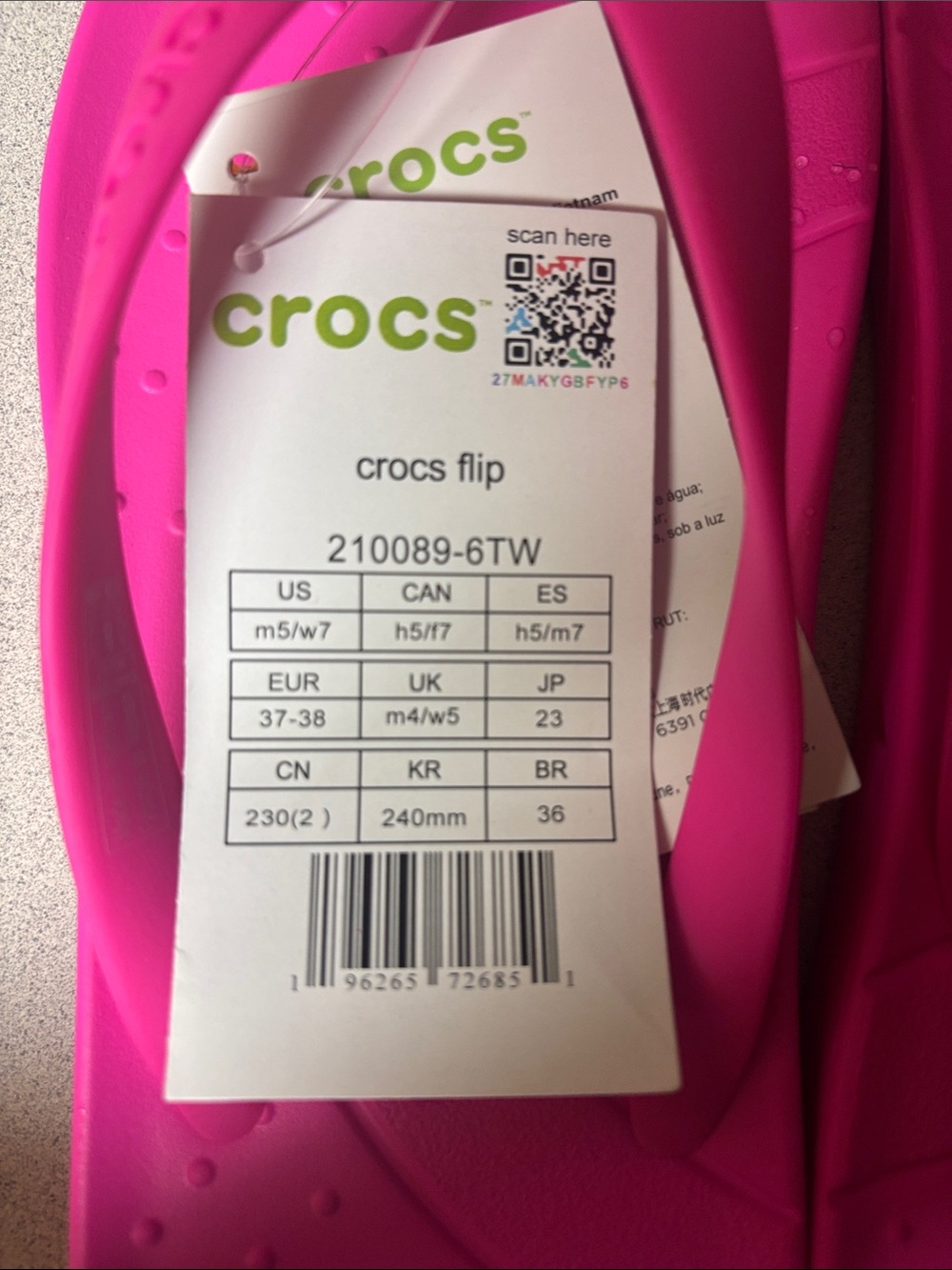 BNWT Women’s CROCS Hot Pink Classic Flip Sandals SIZE 7 - Picture 5 of 5